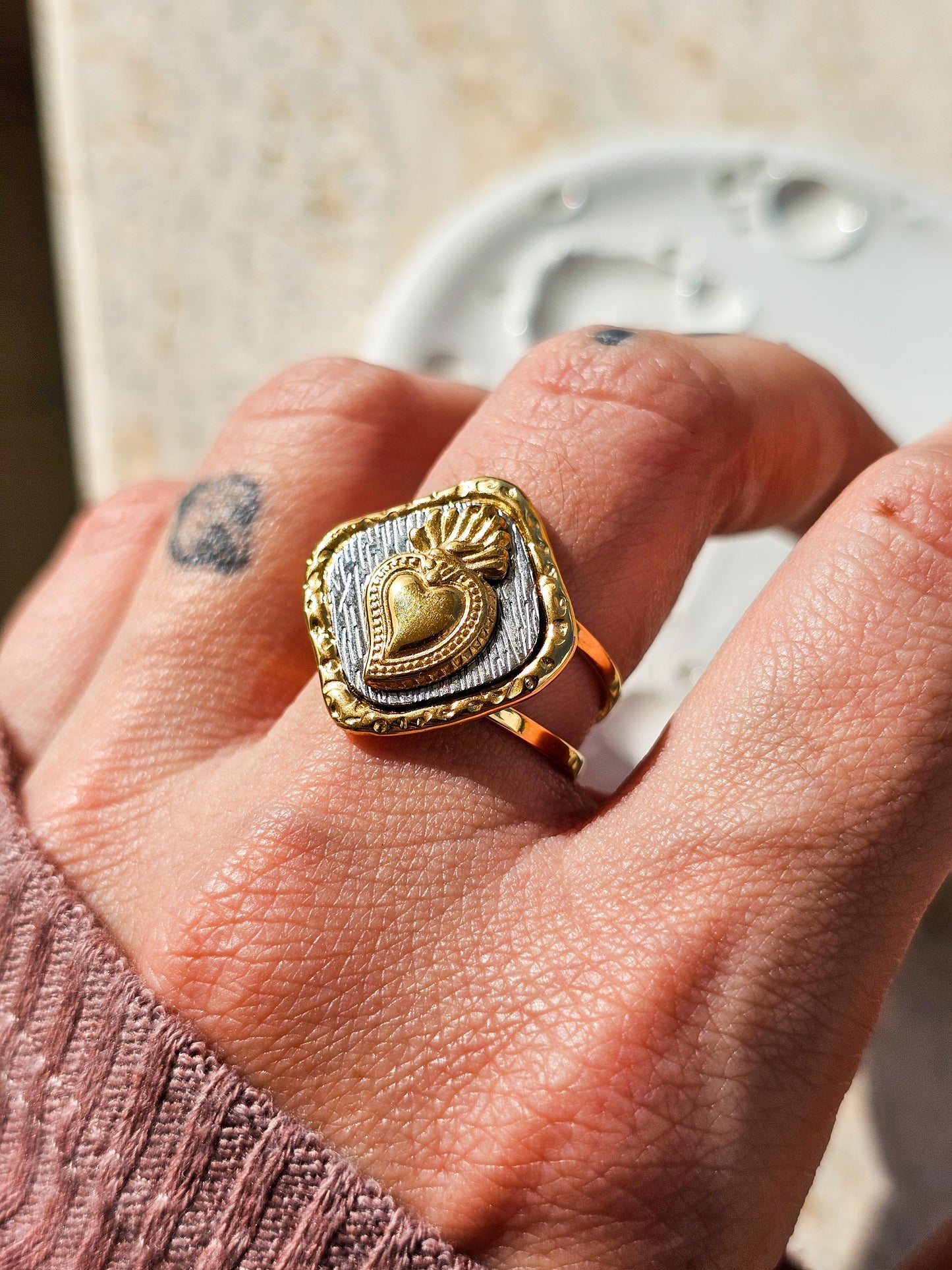 Anello Cuore Sacro bicolor