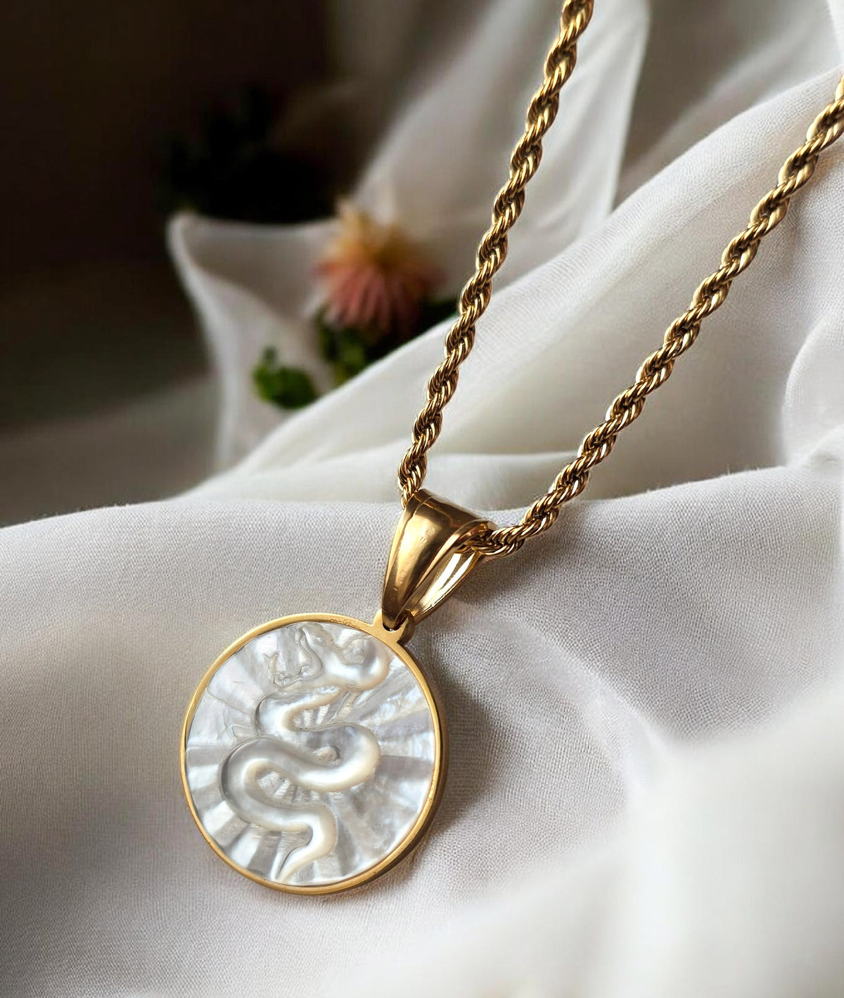 Mother of Pearl Snake Medallion Gold